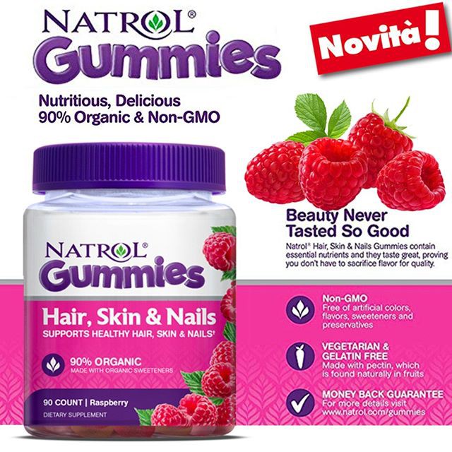 Natrol Gummies,Optimal Hair , Skin & Nail , Raspberry , 90 Count วิตามินลดผมร่วง เร่งผมยาว บำรุงผมดกหนา ป้องกันผมหงอกก่อนวัย ผิวกระจ่างใส เล็บสวย เหมาะสำหรับใครที่ชอบทำเล็บ หรือทำสีผม