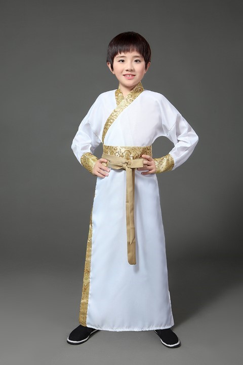 7C139 ชุดเด็กชาย จีนโบราณ ชุดจอมยุทธ์ ฮั่นฝู ขาว สายรัดทอง Hanfu White GoldBelt