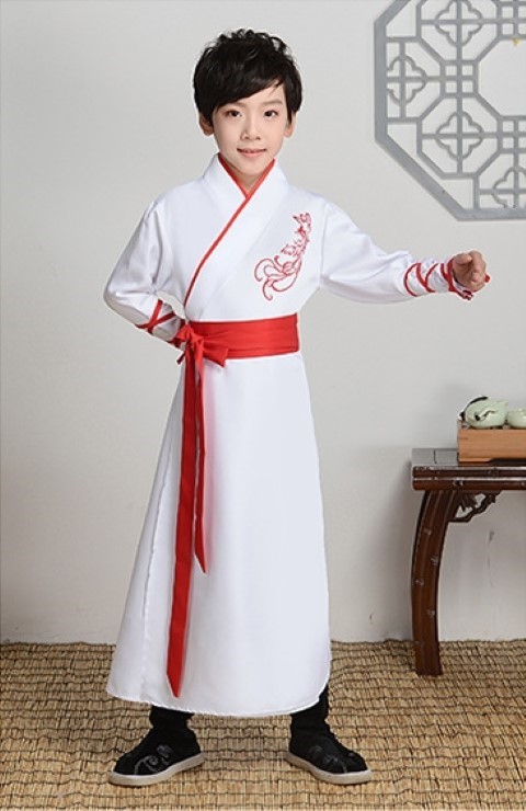 7C142 ชุดเด็กชาย จีนโบราณ ชุดจอมยุทธ ฮั่นฝู ร่วมสมัย ขาว สายรัดแดง Modern Hanfu White RedBelt