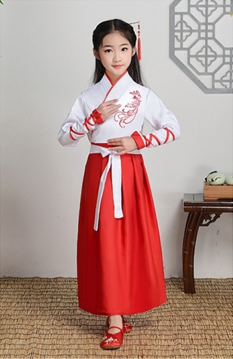 7C144 ชุดเด็กหญิง จีนโบราณ ชุดจอมยุทธ ฮั่นฝู ร่วมสมัย ขาว กระโปรงแดง Modern Hanfu White RedSkirt