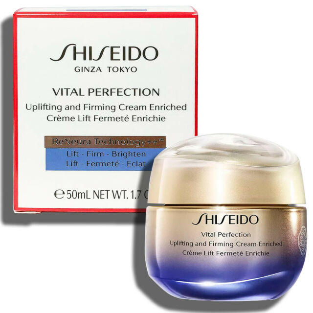 Shiseido Vital Perfection Uplifting and Firming Cream Enriched 50 ml. ครีมบำรุงผิวสูตรเข้มข้น สำหรับผิวธรรมดา-ผิวแห้ง ช่วยดูแลปัญหาของผิวหย่อนคล้อย ขาดความกระชับจุดด่างดำและริ้วรอยลึก ช่วยฟื้นบำรุงความงามของผิวให้กลับมามีชีวิตชีวาดูอ่อนเยาว์ ช