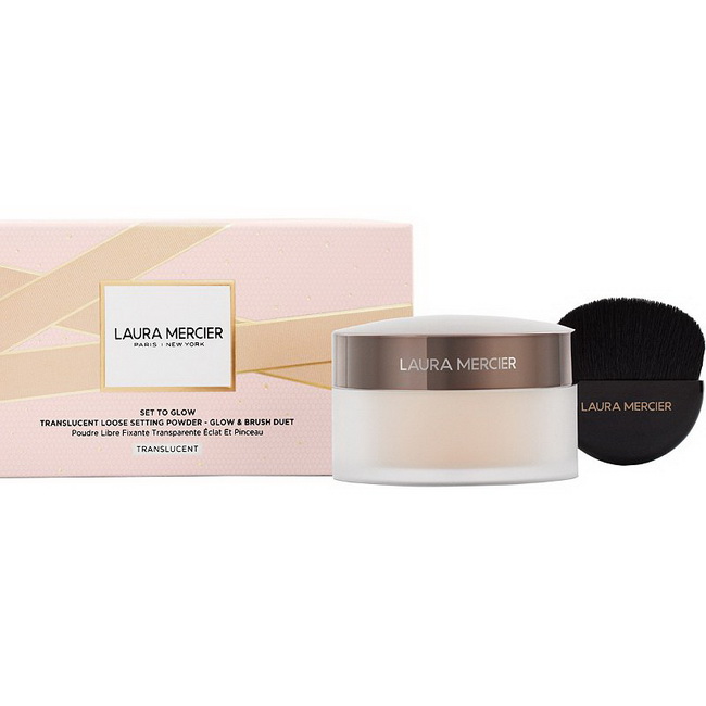 Laura Mercier Set To Glow Translucent Loose Setting Powder Glow & Brush Set Limited Edition ไซส์จริง 29g. เซ็ทแป้งฝุ่นโกล์ว+แปรง รุ่นลิมิเต็ด อิดิชั่น แป้งเซ็ทเมคอัพ ที่มอบความโกลว์ ให้ผิวดูเปล่งประกายในทันทีที่แต่งเติม แป้งโปร่งแสง สำหรับโทนสีสว่างจน