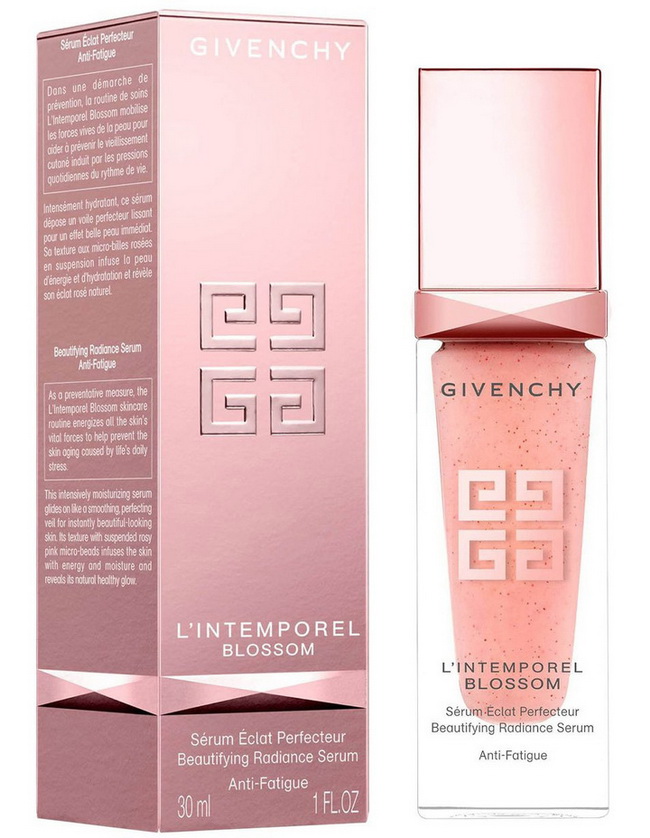 Givenchy L'intemporel Blossom Beautifying Radiance Serum Anti-Fatigue 30 ml. เซรั่มต่อต้านความเหนื่อยล้าเติมความชุ่มชื่นให้ผิว เผยผิวกระจ่างใสดูสวยและมีพลังงานจากภายใน เนื้อสัมผัสเซรั่มมอบความประทับใจด้วยเม็ดไมโครสีชมพู พร้อมซึมซาบสู่ผิวหนังเพื่อให้ค