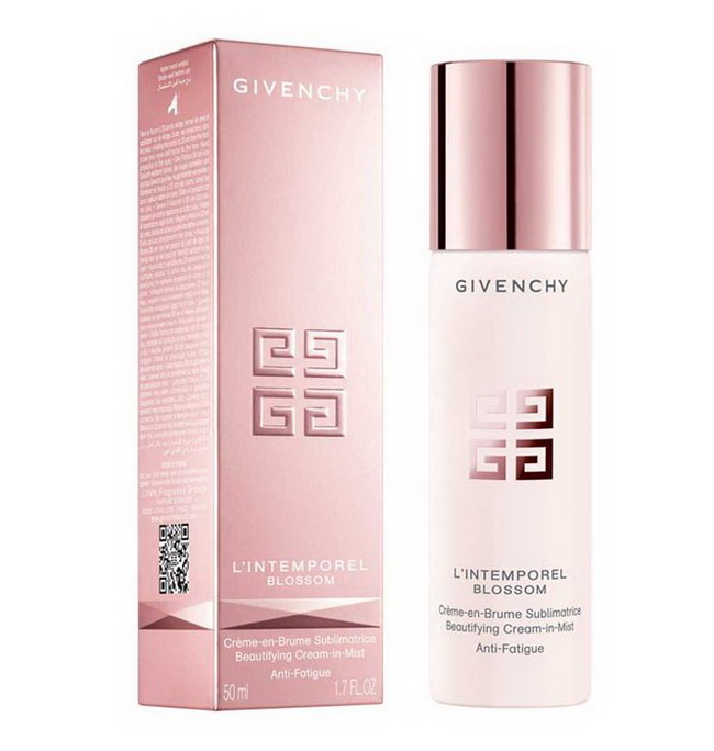 Givenchy L'intemporel Blossom Beautifying Cream-in-Mist Anti-Fatigue 50 ml. Givenchy ได้นำครีมบำรุงผิวสุดคลาสสิกมาปรับโฉมใหม่ ในรูปแบบพกพาสะดวก ใช้งานได้รวดเร็ว ช่วยลดความเหนื่อยล้าของผิว สูตรสเปรย์เนื้อละอองละเอียด เติมความชุ่มชื้นและความมีชีวิตชีวา