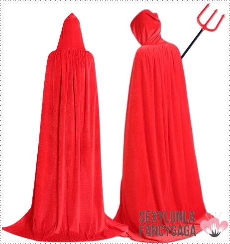 ++พร้อมส่ง++ผ้าคลุมกำมะหยี่สีแดง+ไม้ง่ามยมฑูล ผ้าคลุมแฟนซี ผ้าคลุมมีฮุูท ผ้าคลุมพ่อมด แม่มด  vampire ยมทูต สีแดง