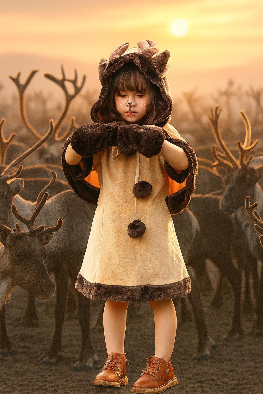 7C161 ชุดเด็ก ชุดซานตาครอส ชุดแซนตี้ ชุดคริสต์มาส ชุดกวางเรนเดียร์ ผ้าคลุมหัวและไหล่ Reindeer Santy Santa claus Christmas Costumes