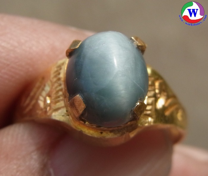 แหวนทองเหลืองหญิง เบอร์ 54 แก้วโป่งข่ามนำโชคเมืองเถิน แก้วฟ้าแรหมึกน้ำเงินอมเทา หายาก เส้นลายหินสวยชัด