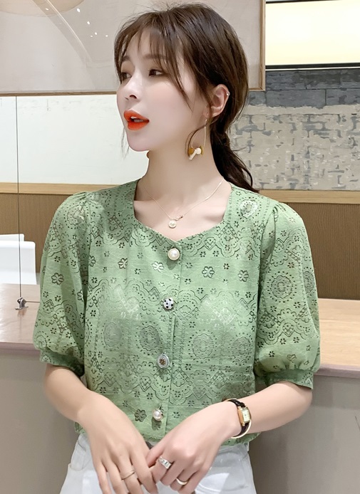 พรีออเดอร์ เสื้อแฟชั่น แต่งฉะลุทั้งตัว คอกลม แขนสั้น เสื้อออกงาน ใส่ไปงานได้ สไตลเกาหลี ขาว และเขียว