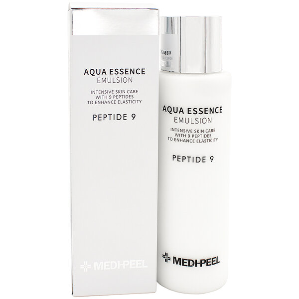 MEDI-PEEL Peptide 9 Aqua Essence Emulsion 250 ml. อิมัลชั่นที่มีส่วนผสมที่ช่วยบำรุงผิวเช่นเปปไทด์ 9 ชนิดและกรดไฮยาลูโรนิก 4 ชนิดช่วยให้ผิวอวบอิ่มและเปล่งปลั่ง มีส่วนผสม Patent Time Code Collagen ช่วยต่อต้านริ้วรอยก่อนวัยเพื่อให้ผิวสม่ำเสมอ