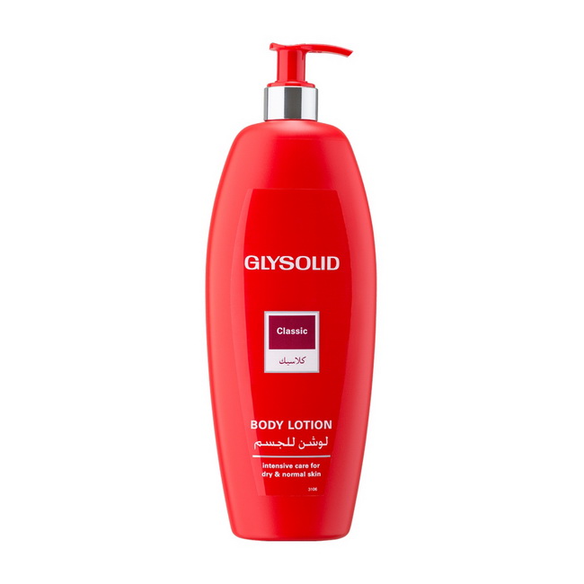 Glysolid Body Lotion Classic 500 ml.ผลิตภัณฑ์โลชั่นบำรุงผิวกาย สูตรคลาสสิค สำหรับผิวแห้งและผิวปกติ ช่วยให้ผิวนุ่ม ชุ่มชื่น ด้วยสารสกัดจากดอกคาโมมายล์ที่มีคุณภาพสูงช่วยลดการอักเสบและระคายเคืองผิว โลชั่นกลีโซลิดมีค่า pH ช่วยให้ผิวของคุณรักษาความชุ่มชื่น และ