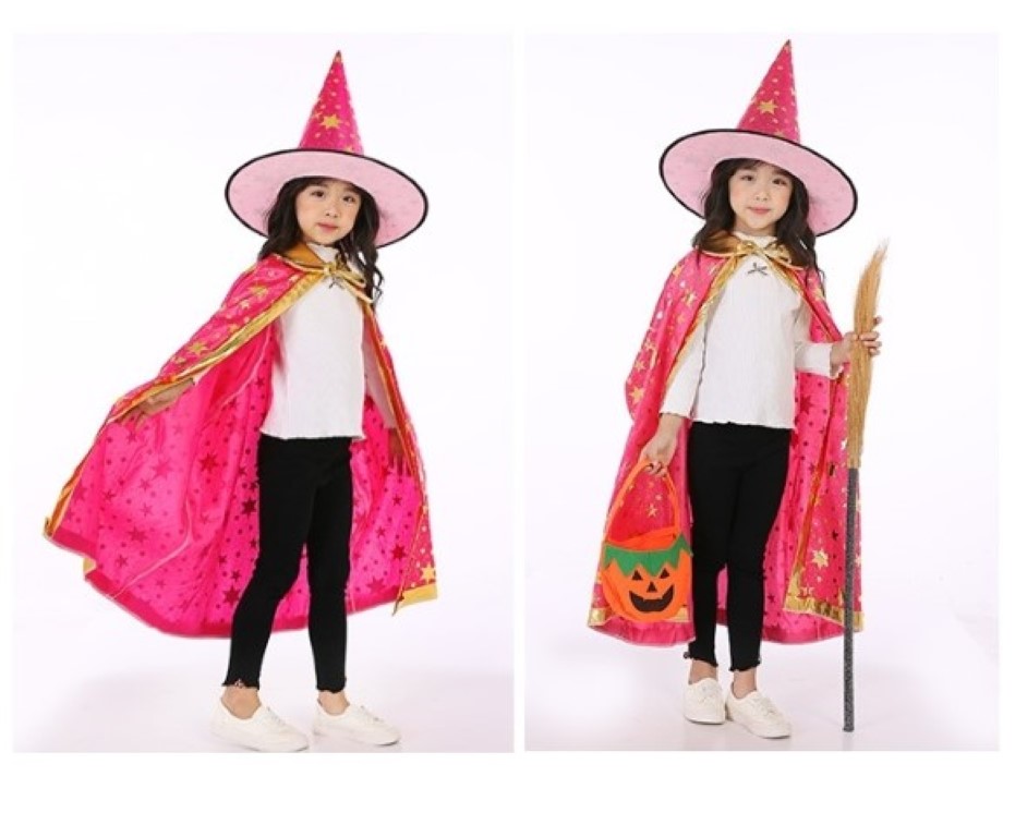7C198 ชุดเด็ก ชุดฮาโลวีน ชุดแม่มด ผ้าคลุมและหมวก สีมาเจนต้าลายดาวทอง Magenta GoldStar The Witch Halloween