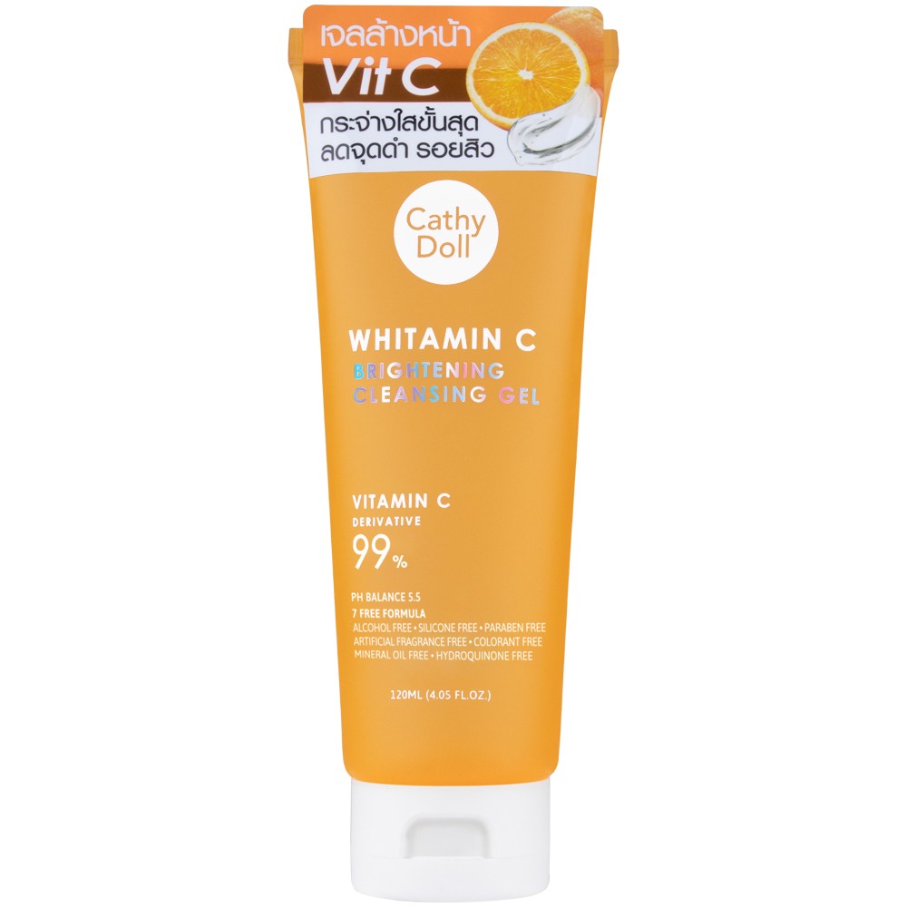 WHITAMIN C BRIGHTENING CLEANSING GEL 120ML CATHY DOLL (F) คลีนซิ่งเจลวิตามินซี สูตรเพื่อผิวกระจ่างใส ช่วยทำความสะอาดผิวหน้าอย่างล้ำลึก ไม่ทำให้ผิวแห้งตึง ด้วยวิตามินซีจากอนุพันธ์วิตามินซี