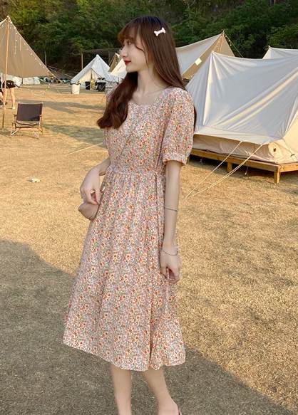 พรีออเดอร์ เดรสไปทะเล เดรสยาว วินเทจ เสื้อผ้าแฟชั่นราคาถูก สีสดใส คอกลม มีสายผูก สี ฟ้า ส้ม