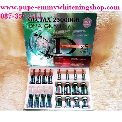GLUTAX 23000GK DNA GLUTOKINESผิวขาวถึงขีดสุดปรับปรุงประสิทธิภาพใหม่ด้วยส่วนผสมใหม่ที่คัดสรรเฉพาะ DNA ให้ผลลัพธ์แม่นยำมากยิ่งขึ้น มีส่วนผสมของ DNA