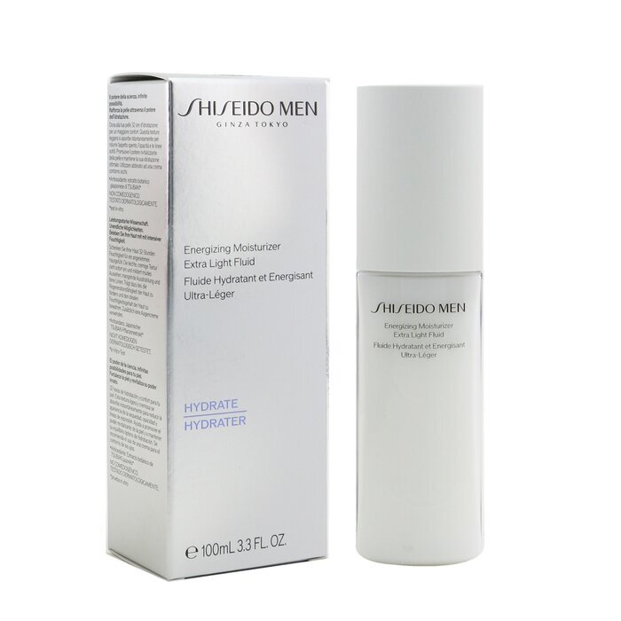 Shiseido Men Energizing Moisturizer Extra Light Fluid 100 ml. อิมัลชั่นเนื้อบางเบา ปราศจากความเหนียวเหนอะหนะ สูตรเฉพาะสำหรับผิวผู้ชาย ช่วยฟื้นฟูสภาพผิวที่ดูเหนื่อยหล้า ให้กลับมีชีวิตชีวา ลดเลือนริ้วรอยบาง ปรับสภาพผิวแห้งหยาบกร้านให้อ่อนนุ่ม เนียนเรียบ ลดก