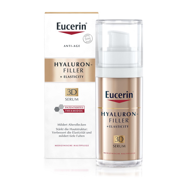 Eucerin Hyaluron Filler+Elasticity 3D Serum 30ml. (แพคเก็จต่างประเทศ) เซรั่มต่อต้านริ้วรอยลึกเพื่อการลดเลือนจุดด่างดำแห่งวัยอย่างมีประสิทธิภาพ ช่วยลดเลือนจุดด่างดำอย่างมีประสิทธิภาพเติมเต็มริ้วรอยลึกอย่างเห็นได้ชัดและเพิ่มความยืดหยุ่น ผิวดูสม่ำเสมอและกระช