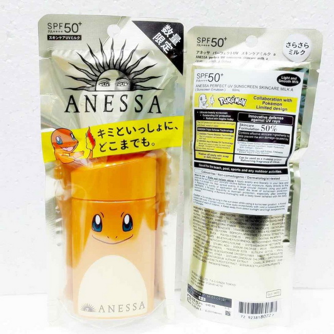 Anessa Perfect UV Sunscreen Skincare Milk SPF50+ PA++++ 60 ml. (Pokemon Limited Edition) กันแดดขวดทองสูตรขายดี ยอดนิยมเปิดตัวครีมกันแดดในแพคเกจสุดน่ารัก ANESSA x Pokemon ขวดสีส้มสาวกโปเกมอนห้ามพลาดสูตรน้ำนมสำหรับผิวหน้าและผิวกาย กันน้ำ แต่ล้างออก
