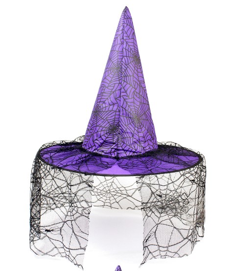 ++พร้อมส่ง++หมวกแม่มดพ่อมดสีม่วง ตกแต่งลายใยแมงมุมสวยมาก หมวกฮาโลวีน หมวกฮัลโลวีน 
