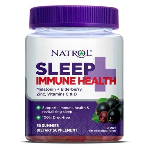 Natrol Sleep + Immune Health 50 Berry Gummies  ของแท้จาก US 100% วิตามินเม็ดกัมมี่นอนหลับ+เสริมสร้างภูมิคุ้มกันให้ร่างกายแข็งแรง รูปแบบเม็ดเจลลี่ รสเบอร์รี่ เคี้ยวหนึบ ทานง่าย มีส่วนผสมของเมลาโทนิน ,Elderberry วิตามินซี ,วิตามินดี และสังกะสี 