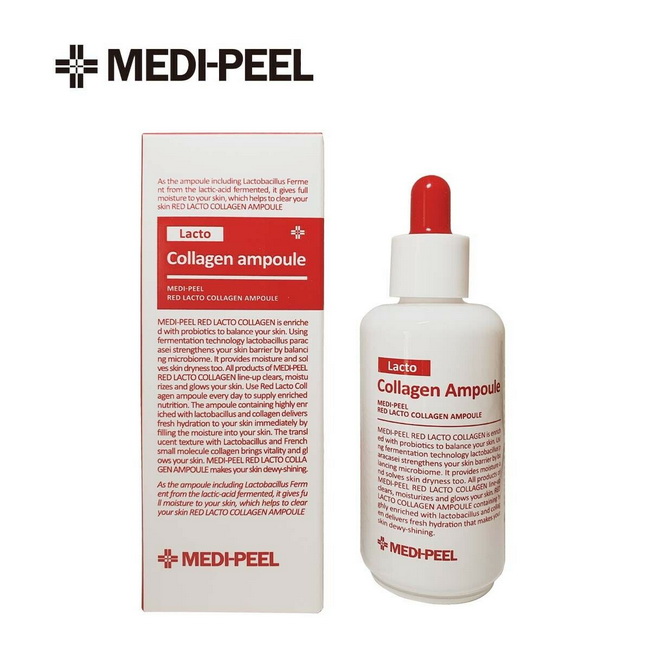 MEDI-PEEL Red Lacto Collagen Ampoule 70 ml. คอลลาเจนฟื้นฟูผิวรูปแบบเซรั่ม ด้วยนวัตกรรมการหมักแบคทีเรียกรดแลคติคคอลลาเจนจากประเทศฝรั่งเศส ผสานกรดมิโนและแทนนิน จะช่วยกระชับรูขุมขน ผิวเรียบเนียนได้อย่างดีเยี่ยม เพราะเป็นกรดแลคโตบาซิลลัสที่ดีสำหรับสุขภาพผิว ด