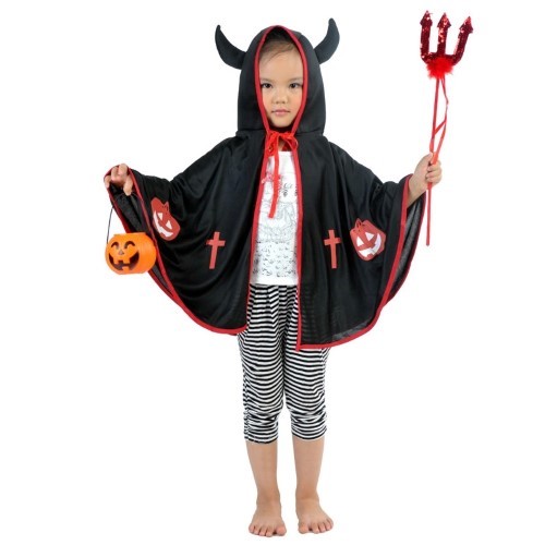 7C224.2 ชุดเด็ก ชุดฮาโลวีน ผ้าคลุมปีศาจน้อย ผ้าคลุมแม่มดมีเขา สีดำ Black Devil Cloak Costume