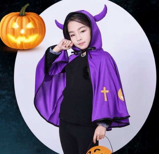 7C224.3 ชุดเด็ก ชุดฮาโลวีน ผ้าคลุมปีศาจน้อย ผ้าคลุมแม่มดมีเขา สีม่วง Purple Devil Cloak Costume