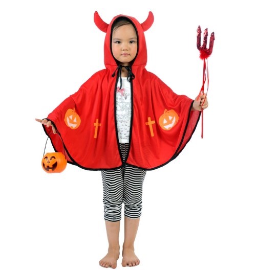 7C224.4 ชุดเด็ก ชุดฮาโลวีน ผ้าคลุมปีศาจน้อย ผ้าคลุมแม่มดมีเขา สีแดง Red Devil Cloak Costume