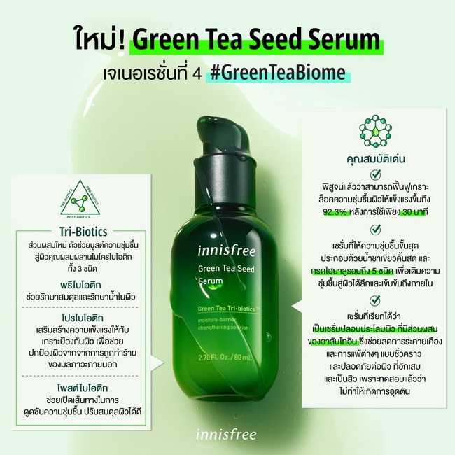 Innisfree Green Tea Seed Serum Tri-biotics 80 ml. สูตรใหม่ 2021 เซรั่มชาเขียวตัวดัง สูตรใหม่ โฉมใหม่ ด้วยสารประกอบใหม่ โดดเด่นด้วย คุณสมบัติเริ่ดๆของ สารให้ความชุ่มชื่นที่มากขึ้น สาร Pre-Biotics 3 ชนิด จากชาเขียว ส่วนผสมที่ช่วยให้ผิวแข็งแรง กรดอะมิโน และ 