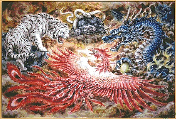 มังกร เสือ ฟีนิกซ์ Dragon Tiger Phoenix (พิมพ์ลาย)