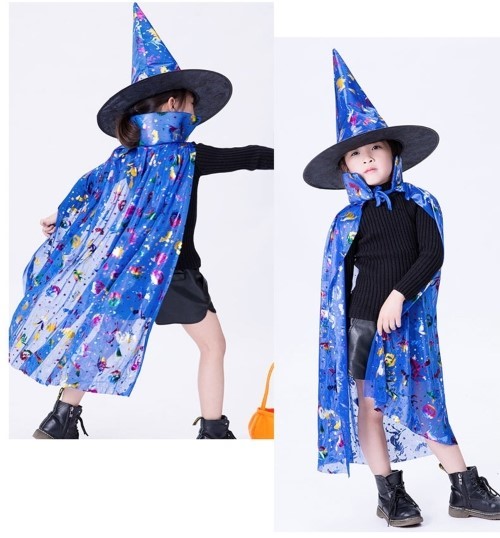 7C232.2-สีน้ำเงิน ชุดเด็ก ชุดฮาโลวีน ชุดแม่มด ผ้าคลุมและหมวก ผ้าคลุมฮาโลวีน The Witch Cloak Halloween