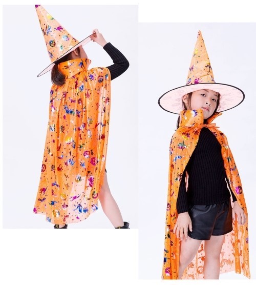 7C232.3-สีส้ม ชุดเด็ก ชุดฮาโลวีน ชุดแม่มด ผ้าคลุมและหมวก ผ้าคลุมฮาโลวีน The Witch Cloak Halloween