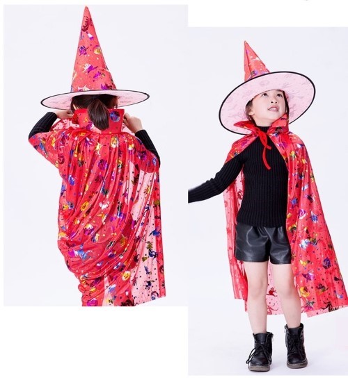 7C232.4-สีแดง ชุดเด็ก ชุดฮาโลวีน ชุดแม่มด ผ้าคลุมและหมวก ผ้าคลุมฮาโลวีน The Witch Cloak Halloween