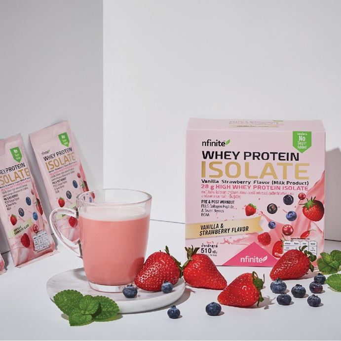 Whey Protein Isolate Vanilla Strawberry Flavor (Milk Product) (nfinite) 34 กรัม x 15 ซอง เครื่องดื่มเวย์โปรตีน ไอโซเลทนมกลิ่นวานิลลาสตรอเบอร์รี่เกรดพรีเมี่ยมคุณภาพสูง จาก Glanbia 1 ซอง ได้โปรตีนสูง 28 กรัม ไขมัน 0% ไม่มีน้ำตาล เพิ่มคอลลาเจนจากปลาทะเล ผิวส