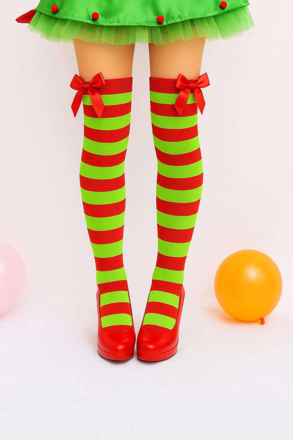 ++พร้อมส่ง++ถุงเท้าสีเขียวแดง+โบว์สีแดง ถุงเท้าแซนตี้ ความยาวเลยเข่า ความยาว 24 นิ้ว