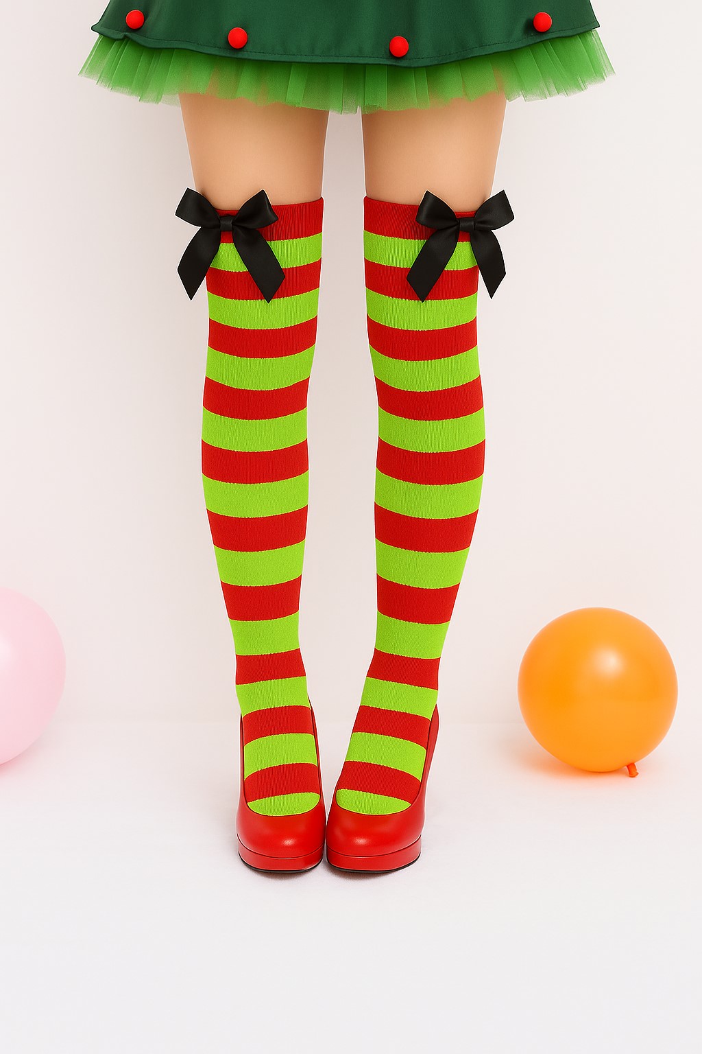 ++พร้อมส่ง++ถุงเท้าสีเขียวแดง+โบว์สีดำ ถุงเท้าแซนตี้ ความยาวเลยเข่า ความยาว 24 นิ้ว