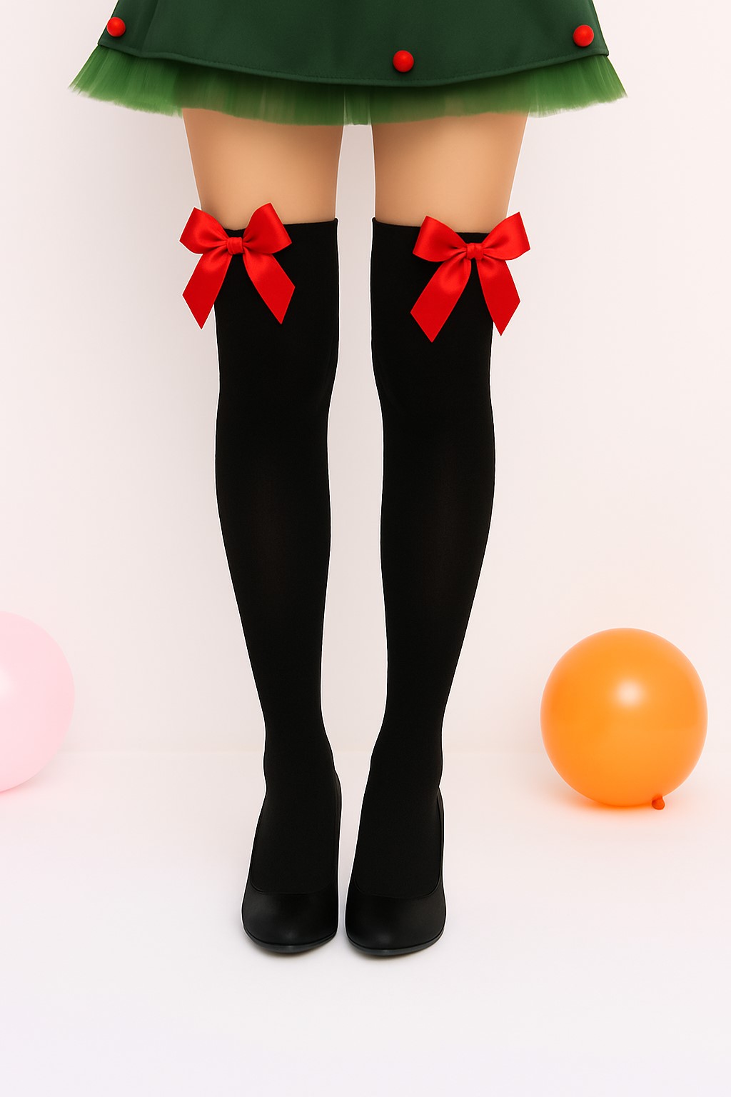 ++พร้อมส่ง++ถุงเท้าสีดำ+โบว์สีแดง ถุงเท้าแซนตี้ ความยาวเลยเข่า ความยาว 24 นิ้ว