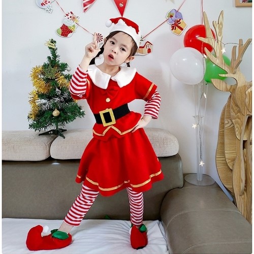 7C247.2 ชุดเด็กหญิง ชุดซานตาครอส ชุดแซนตี้ ชุดคริสต์มาส ลายขวาง Santy Santa claus Christmas Costumes ฮิปฮอป