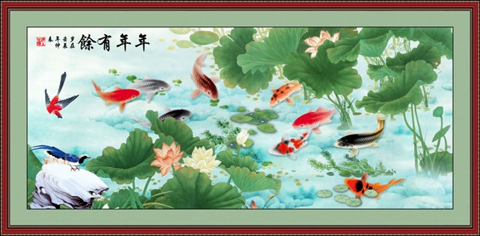 Nine Fish & Lotus (พิมพ์ลาย)