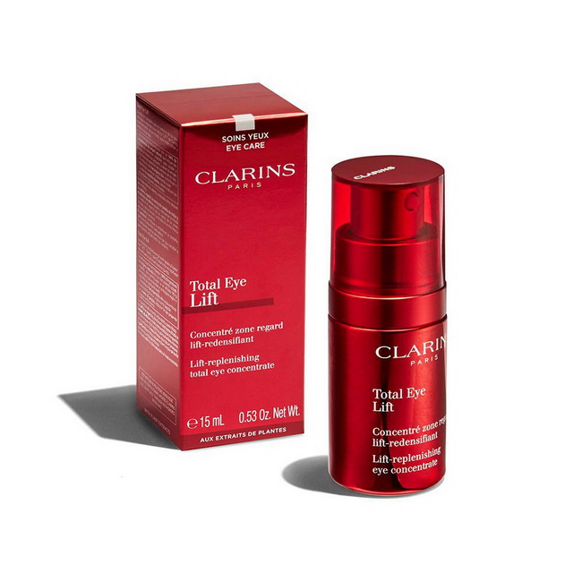 CLARINS Total Eye Lift 15 ml. เซรั่มเข้มข้นเพื่อรอบดวงตายกกระชับและอ่อนเยาว์ จะตรงเข้าจัดการ ทั้งอาการบวม ความหมองคล้ำ รอยตีนกาและริ้วรอยร่องลึกดูเรียบเนียนขึ้น คืนความแน่นกระชับให้กับผิวรอบดวงตา ทำให้ดวงตาสว่างสดใส ขนตางอนงาม เนื้อสัมผัสแบบบาล์มสุดละมุนล