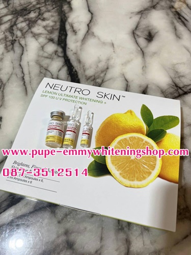 NEUTRO SKIN LEMON ULTIMATE WHITENING +SPF 100 U V PROTECTION 2,000,000mg.ดูดซึมและเห็นผลใวที่สุดผิวขาวออร่าลดจุดด่างดำที่เกิดจากสิวดูอ่อนกว่าวัย ผิวพรรณออร่า กระจ่างใส