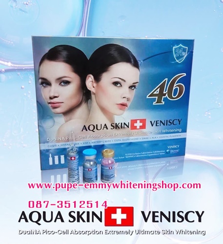 Aquaskin+Veniscy 46 สุดยอดความขาวใสแลดูอ่อนเยาว์ในแบบคุณให้ผิวขาวกระจ่างใสผิวออร่าปรับปรุงความยืดหยุ่นของผิวปกป้องผิวจากรังสี UV  ลดริ้วรอยเหี่ยวย่น ลดการก่อตัวของสิวอักเสบ สิวผด สิวอุดตันลดขนาดรูขุมขนช่วยป้องกันริ้วรอยและตีนกา