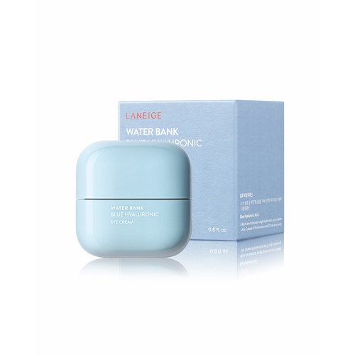 Laneige Water Bank Blue Hyaluronic Eye Cream 25 ml. ครีมบำรุงรอบดวงตา สูตร Hypoallergenic สูตรเติมความชุ่มชื้น เนื้อบางเบาคล้ายเจลครีม และอ่อนโยน ให้ความรู้สึกเย็นสบายรอบดวงตา มีส่วนผสมคาเฟอีนที่ช่วยลดอาการบวมและความแห้งกร้านที่เกิดจากริ้วรอยรอบดวงตา ขอบอ