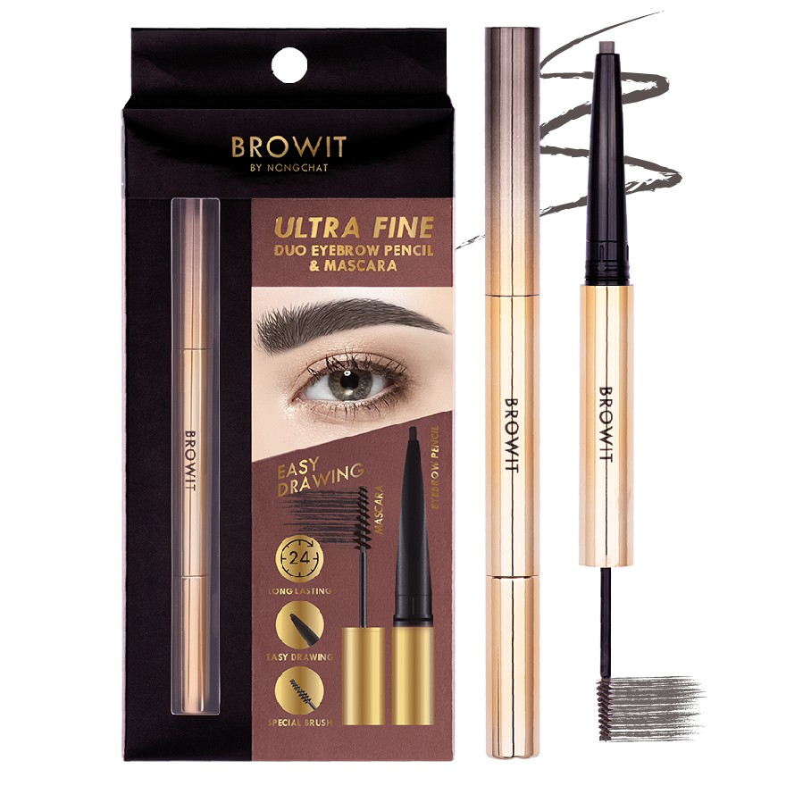 BROWIT อัลตร้าไฟน์ดูโอ้อายบราวเพนซิลแอนด์มาสคาร่า 0.16G+1.26G ดินสอเขียนคิ้วแบบ 2 In 1 ในแท่งเดียว ด้านหนึ่งเป็นดินสอเขียนคิ้วทรงรีเขียนง่าย วาดทรงคิ้วได้ถนัดมือ อีกด้านเป็นมาสคาร่าคิ้ว ช่วยเซ็ตขนคิ้วให้เรียงเส้น ตั้งฟู ล็อกคิ้วให้อยู่ทรงยาวนาน