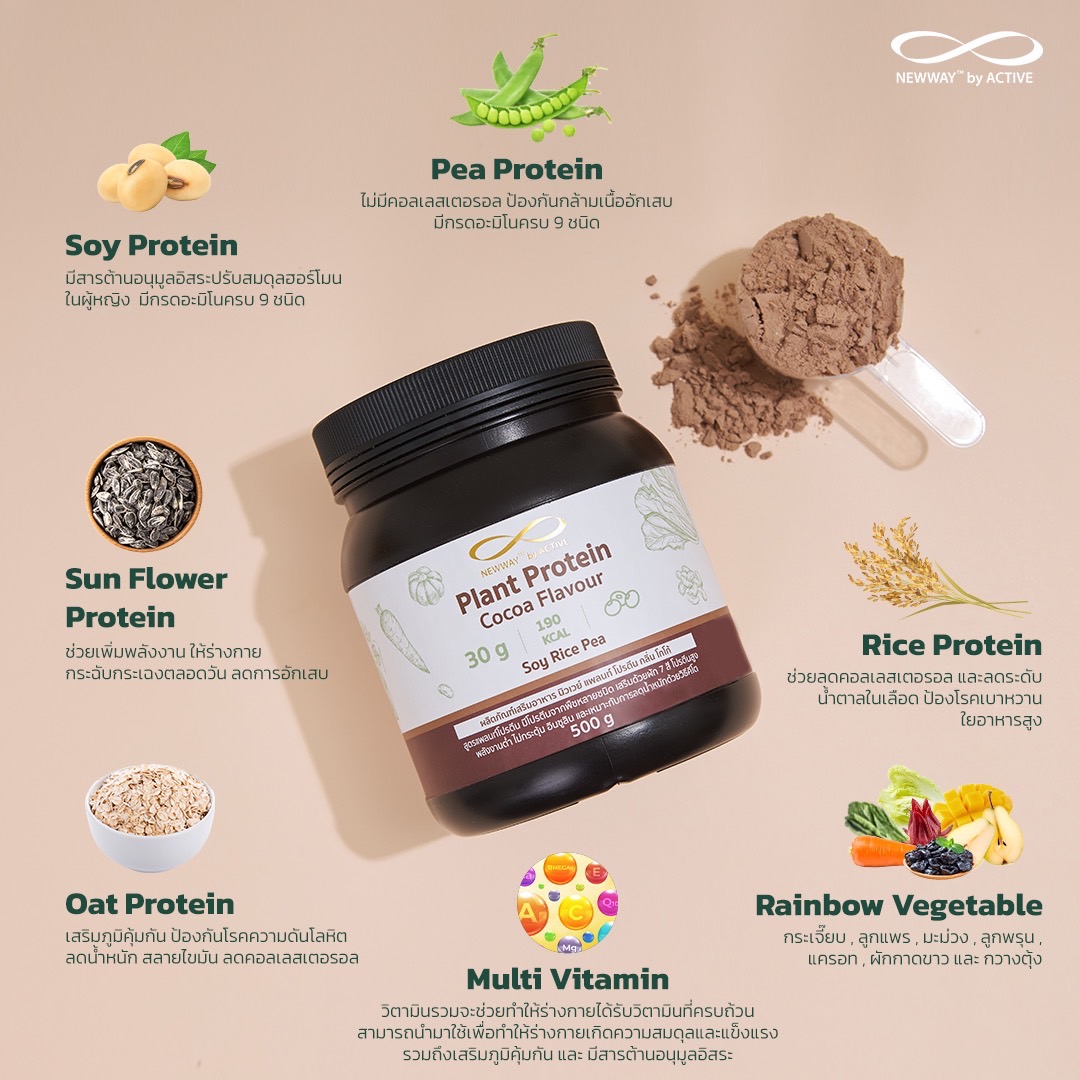 Newway Plant Protein รสโกโก้ โปรตีนพืชจากนิวเวย์ สูตรที่รวมมัลติวิตามินและผัก7สีในกระปุกเดียว