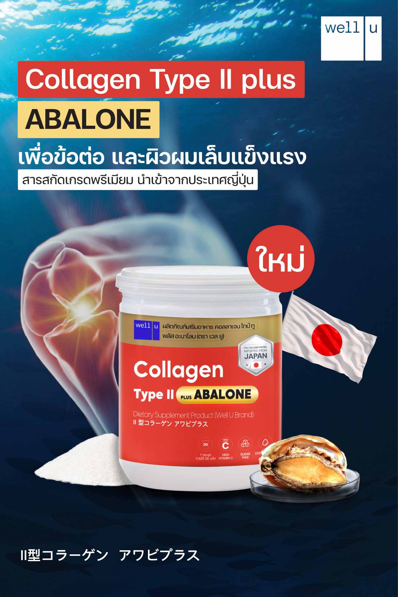 Well U Collagen Type II Plus Abalone เวล ยู คอลลาเจน ไทป์ ทู พลัส อบาโลน 100 g.
