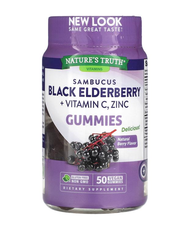 Nature's Truth Vitamins Sambucus Black Elderberry Plus Vitamin C, Zinc 50 Gummies วิตามินกัมมี่เม็ดเคี้ยว รสเบอรืรี่ ช่วยเสริมภูมิคุ้มกันให้แก่ร่างกาย ต้านการอักเสบภายใน สร้างความแข็งแรงให้หลอดเลือด บำรุงสายตา สมอง และหัวใจ ลดอาการแพ้ต่างๆ