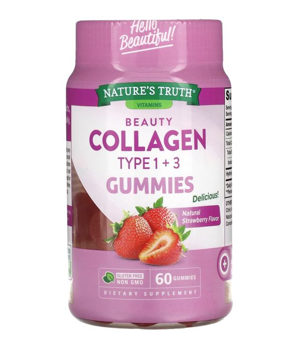 Nature's Truth Vitamins Beauty Collagen GummiesTypes 1 + 3 Natural Strawberry 60 Gummies คอลลาเจนแบบเม็ดเจลลี่กัมมี่ รสสตรอเบอรี่หอมอร่อย เคี้ยวง่าย วันละ 2 เม็ด อร่อย+ มีประโยชน์ เหมาะสำหรับดูแลสุขภาพเส้นผม ผิวหนัง และเล็บ ช่วยบำรุงให้ผิวพรรณของเราด