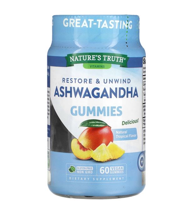 Nature's Truth Vitamins Restore & Unwind Ashwagandha Gummies Natural Tropical 60 Vegan Gummies กัมมี่วิตามินโสมอินเดีย รสผลไม้ อร่อยทานง่าย ช่วยสร้างสมดุลในร่างกาย ทำให้ผ่อนคลาย คลายเครียด ทำให้อารมณ์ดี และมีฤทธิ์กระตุ้นความรู้สึกเพศอ่อนๆ เสริมสร