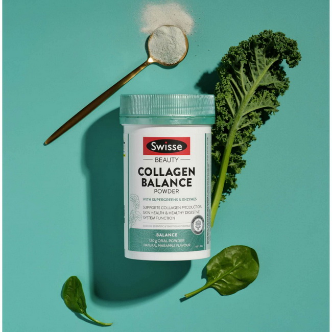 Swisse Beauty Collagen Balance Powder With Supergreens & Enzymes 120 g. คอลลาเจนผงแบบชงดื่ม รสสับปะรดธรรมชาติ รสชาติหอมอร่อย ทานง่าย สูตรละลายเร็ว ปราศจากน้ำตาล 97.4%มี Supergreen สารสกัดจากผักใบเขียวที่มีเอ็นไซม สูตรใหม่เพิ่มวิตามินซี และสารสกัดธรรมช