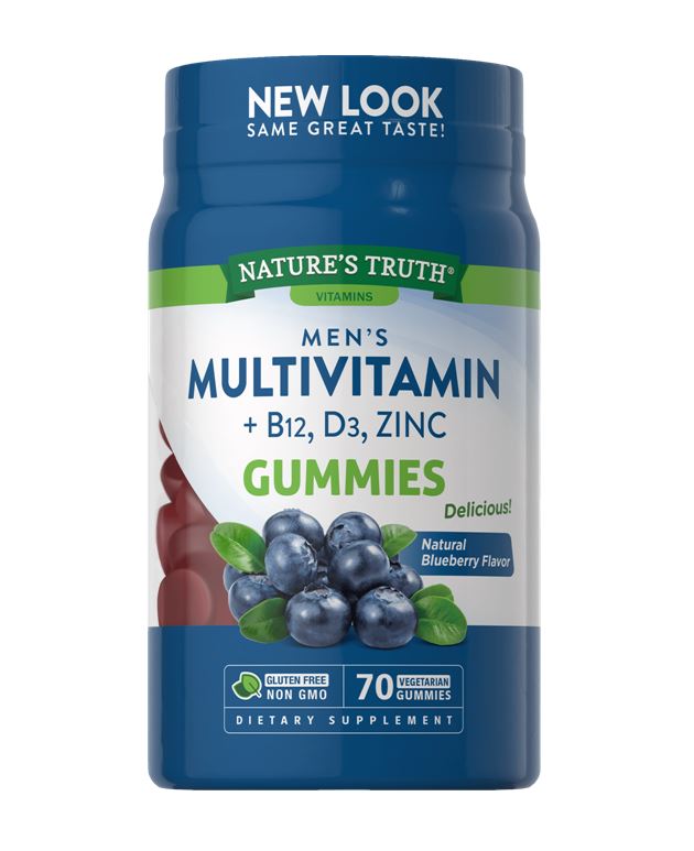 Nature's Truth Vitamins Men's Multivitamin + B12, D3, ZincGummies Natural Blueberry 70 Vegetarian Gummiesกัมมี่วิตามินรวมสำหรับผู้ชาย ผสมวิตามิน บี12, ดี3 และซิงค์ในรูปแบบเจลลี่ทานง่าย รสบลูเบอรี่แสนอร่อย ช่วยเสริมสร้างพลังงาน ให้สุขภาพแข็งแรง บ
